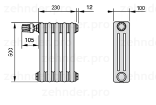 Схема (чертеж) Радиатор Zehnder Charleston 3050/5 №V012 Белый глянцевый RAL 9016